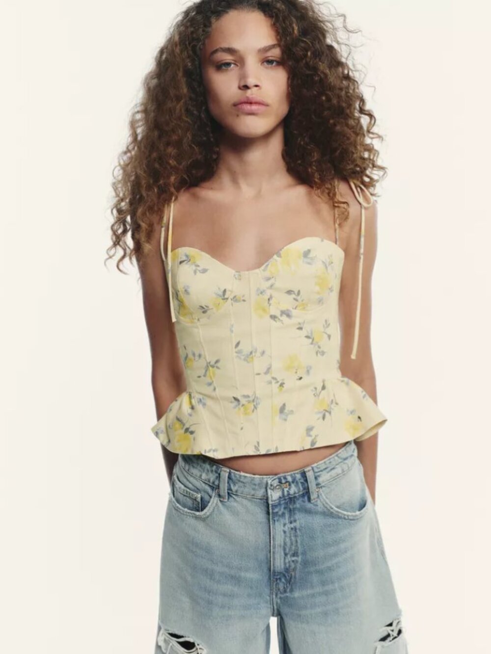 Zara Yellow Floral Poplin Top NWT Sz S 3152/115/119